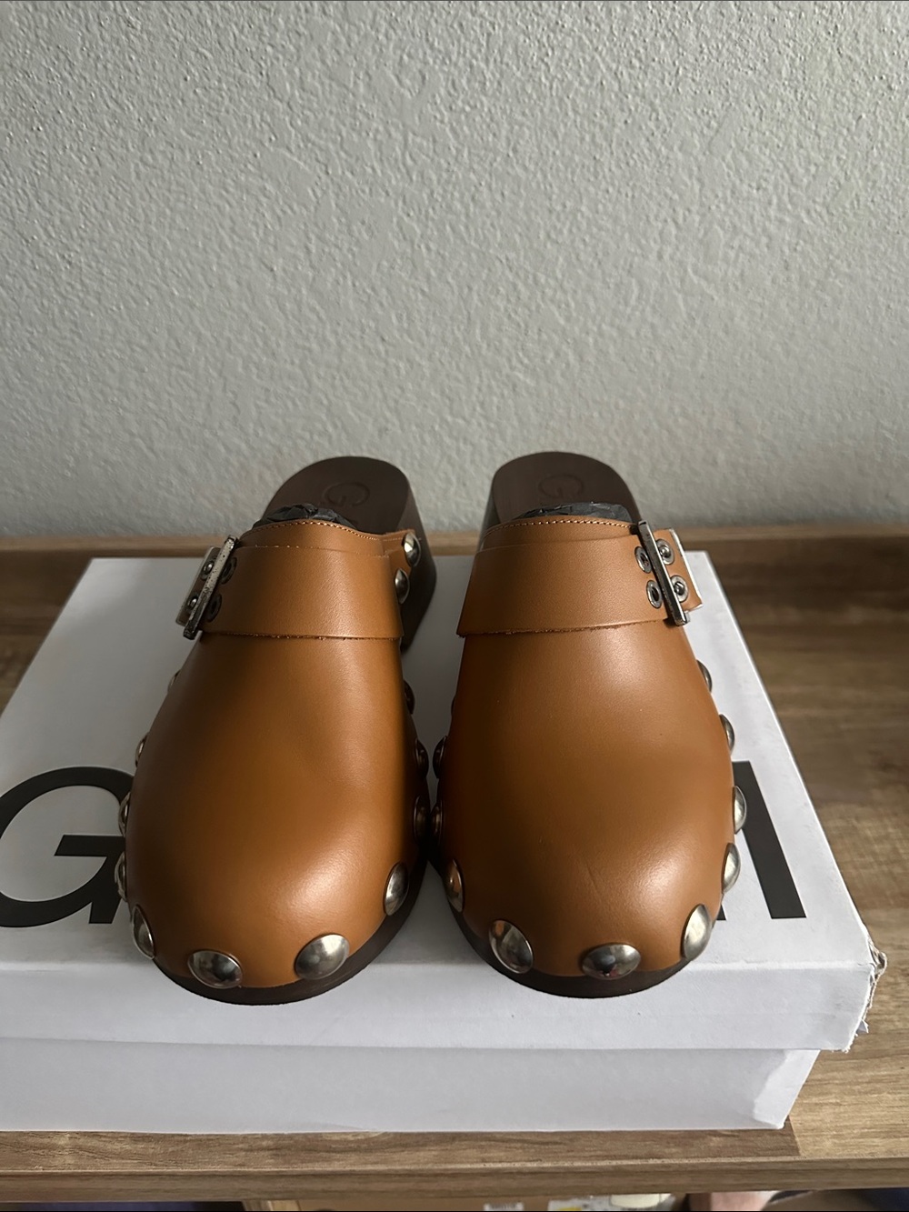 Ganni Tan Leather Studded Clog Mules